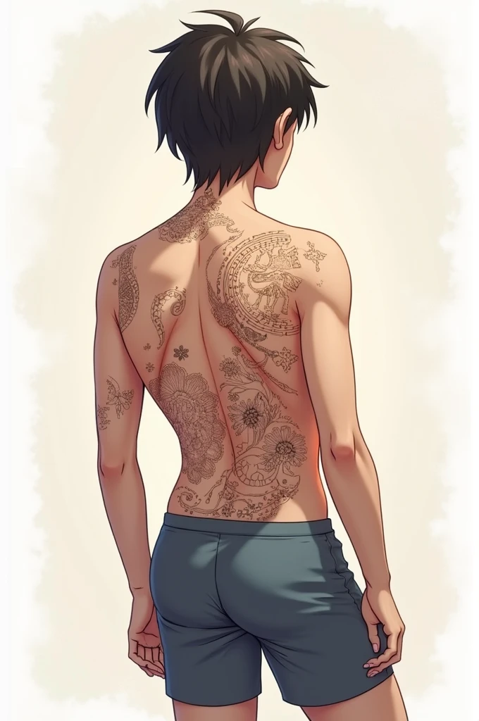 Draw on the back of a teenager wearing shorts