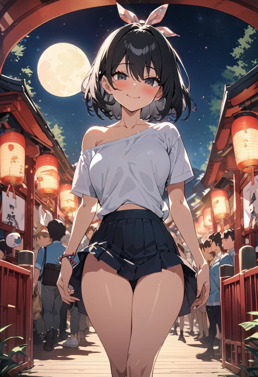 masterpiece, best quality, high quality, detailed, ultra detailed, insanely detailed, exquisite, beautiful, hyper detailed, FHD, Full-HD, 4K, 8K, highres, absurdres, woman, cheerful, delightful, smiling, standing, looking at viewer, short hair, black hair, black eyes, tall, toned body, beautiful breasts, leggy, off shoulder, school uniform, hair ribbon, blush, at festival, in the park, with a moon, with a starry sky, with a shrine, at night, cel anime, upper body, from front