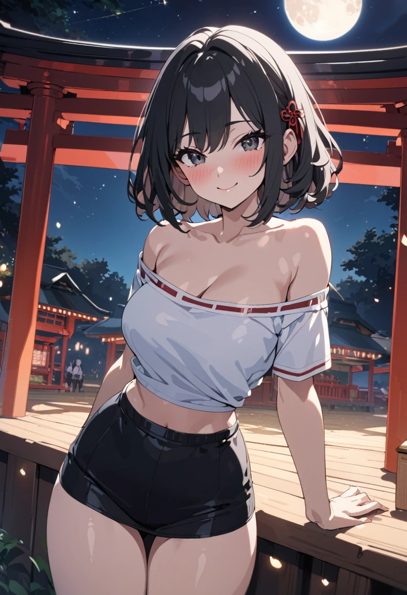 masterpiece, best quality, high quality, detailed, ultra detailed, insanely detailed, exquisite, beautiful, hyper detailed, FHD, Full-HD, 4K, 8K, highres, absurdres, woman, cheerful, delightful, smiling, standing, looking at viewer, short hair, black hair, black eyes, tall, toned body, beautiful breasts, leggy, off shoulder, school uniform, hair ribbon, blush, at festival, in the park, with a moon, with a starry sky, with a shrine, at night, cel anime, upper body, from front