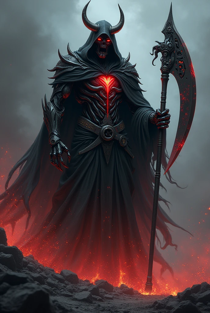 Male grim reaper with glowing red eyes, hood, metal horns, mechanical body, hollow chest, lava grim reaper's scythe. black robes, in a dark world full of ashes and lava, full body, from below view, good anatomy, good body proportion