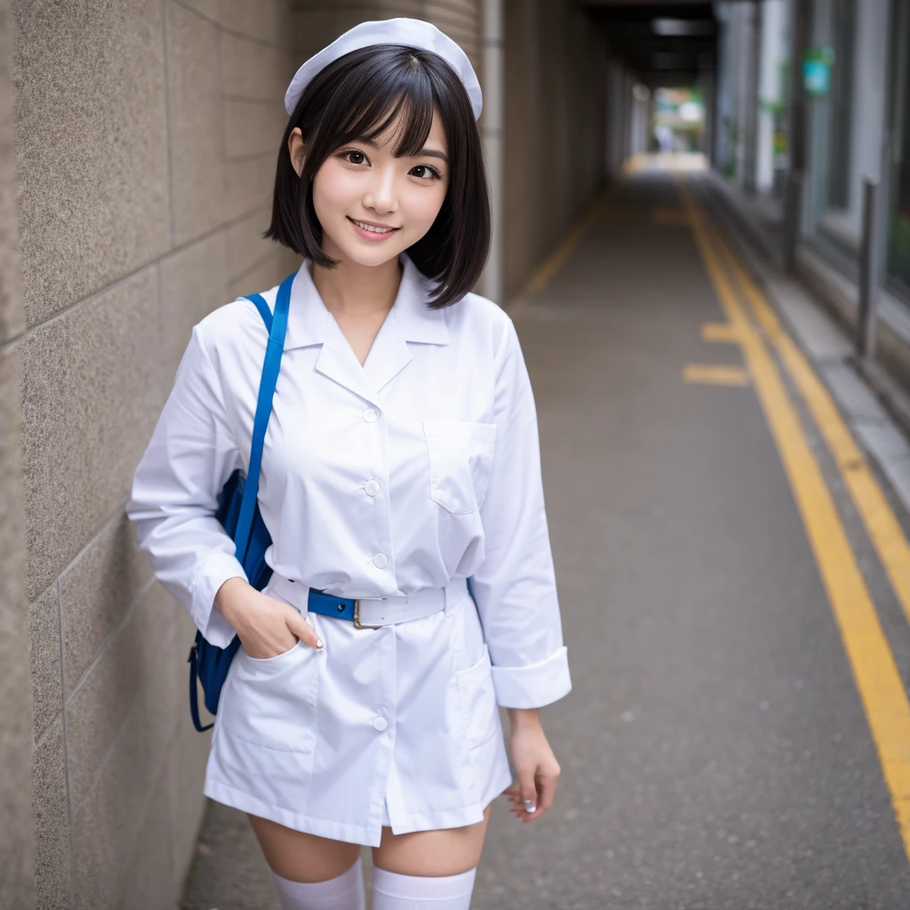 White knee-high socks、White nurse uniform、White pumps、Japanese women、whole body、Black Hair、short hair、Standing posture、smile、One person, High resolution, Gaze, Anatomically correct, Highest quality、20-year-old