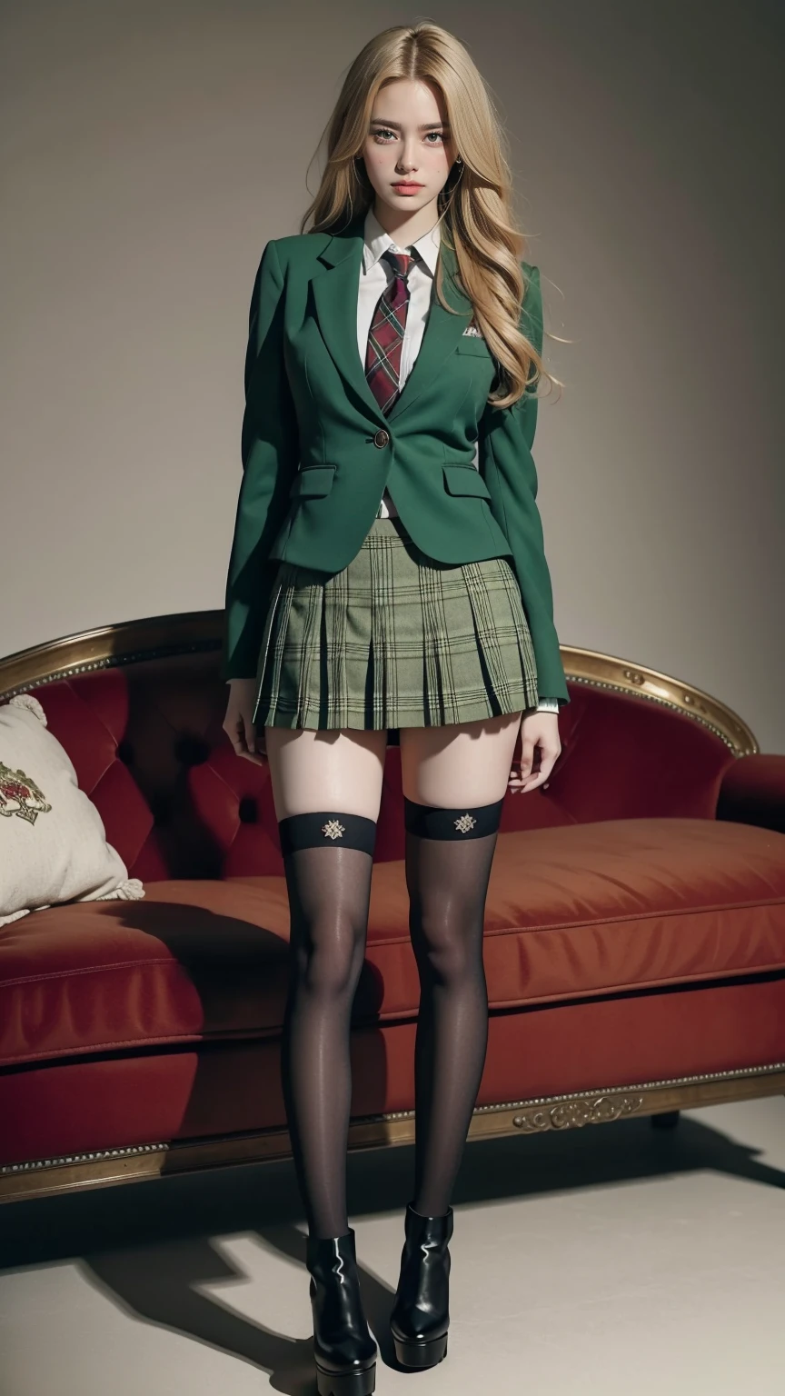 UHD,8K,girlvn01, 1girl,school,Big Eyes,Stunningly Beautiful Girl,green suit,Epaulette, pleated plaid green skirt,plaid red necktie, Long shaped face,Sandy Blonde side-swept hair,standing ,black stocking ,sofa,student boots high heels,full body,