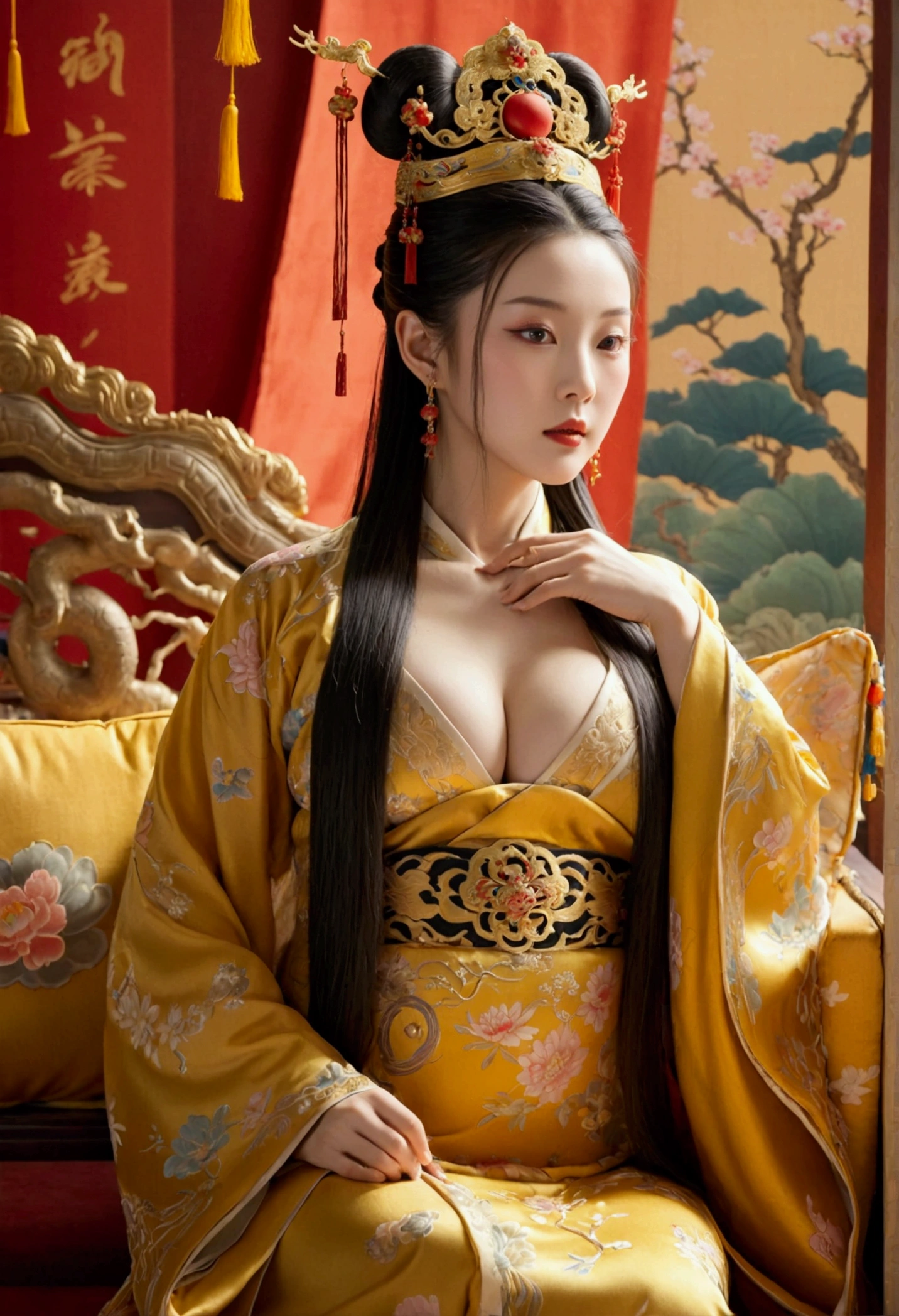 A gorgeous empress of the Chinese court during the Qing Dynasty, naked with big breasts on a golden sofa, spreading one's legs open wide with knees bent,creating the shape of the letter M(Porn Pose) A gorgeous Chinese imperial empress with her hair tied on both sides and wearing a crown、Background of kinky and erotic woman tying her hair、The story is set in the luxurious rooms of an empress in the Chinese imperial court during the Qing dynasty.。