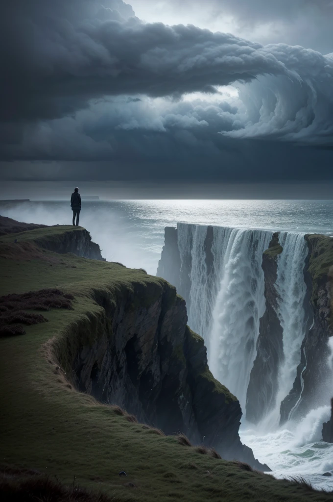 Cinematic, portrait of a person standing on a stormy cliff edge, calm and focused, stormy skies overhead, strong winds, waves crashing below, dark and moody atmosphere, determination in their eyes, overcast lighting,