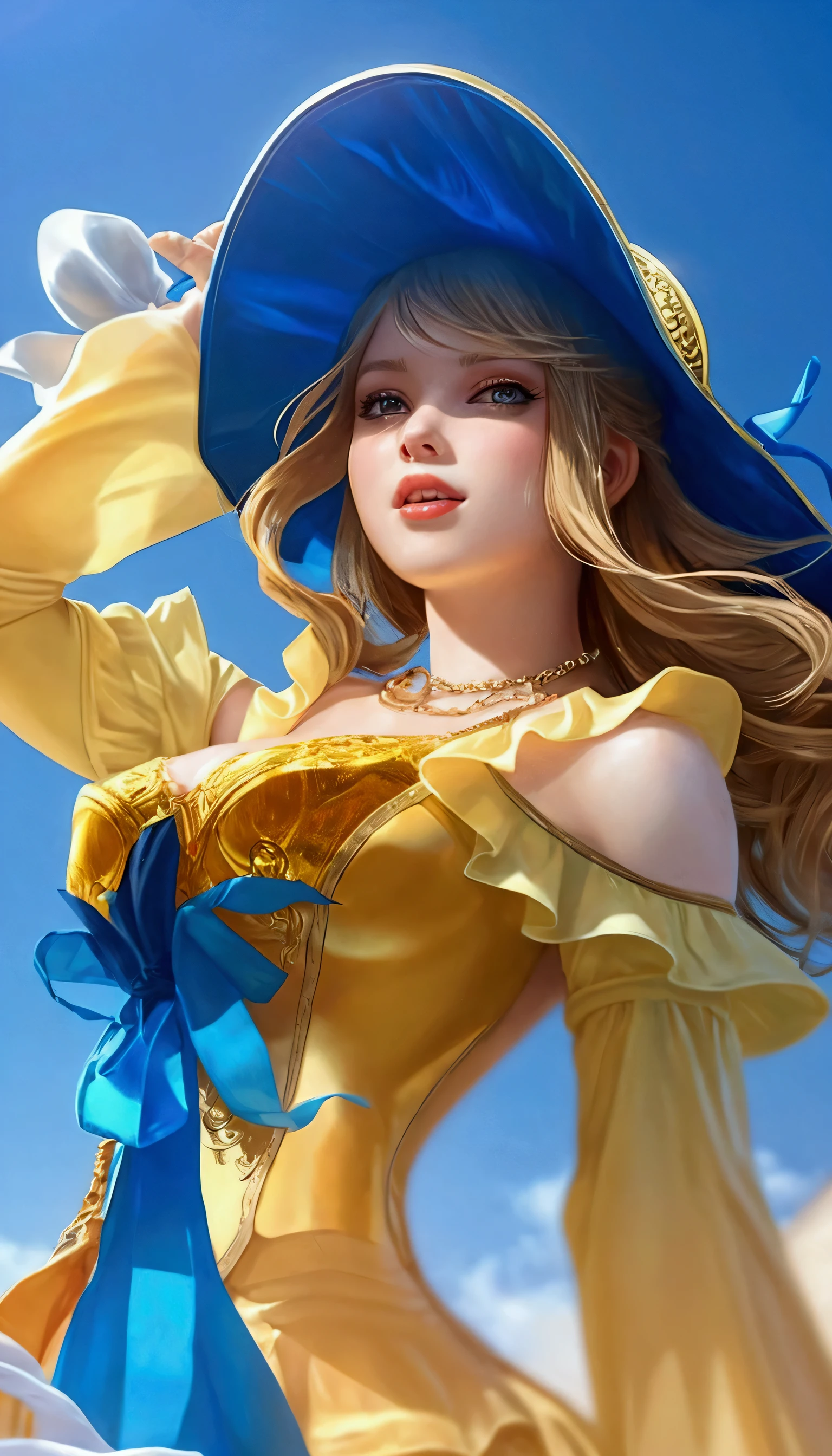 Best quality, masterpiece, ultra high res, (photorealistic:1.4), 1girl, offshoulder, deep shadow, shiny skin,, masterpiece, (photorealistic:1.4), best quality, backlighting,pale skin, detailed shiny skin, looking at viewer, close mouth, very long hair, depth of field, bikini armor, armored dress, holding hand fan, tatto, yellow eyes, Azeyma, jewelry, blowing skirt showing butt panties