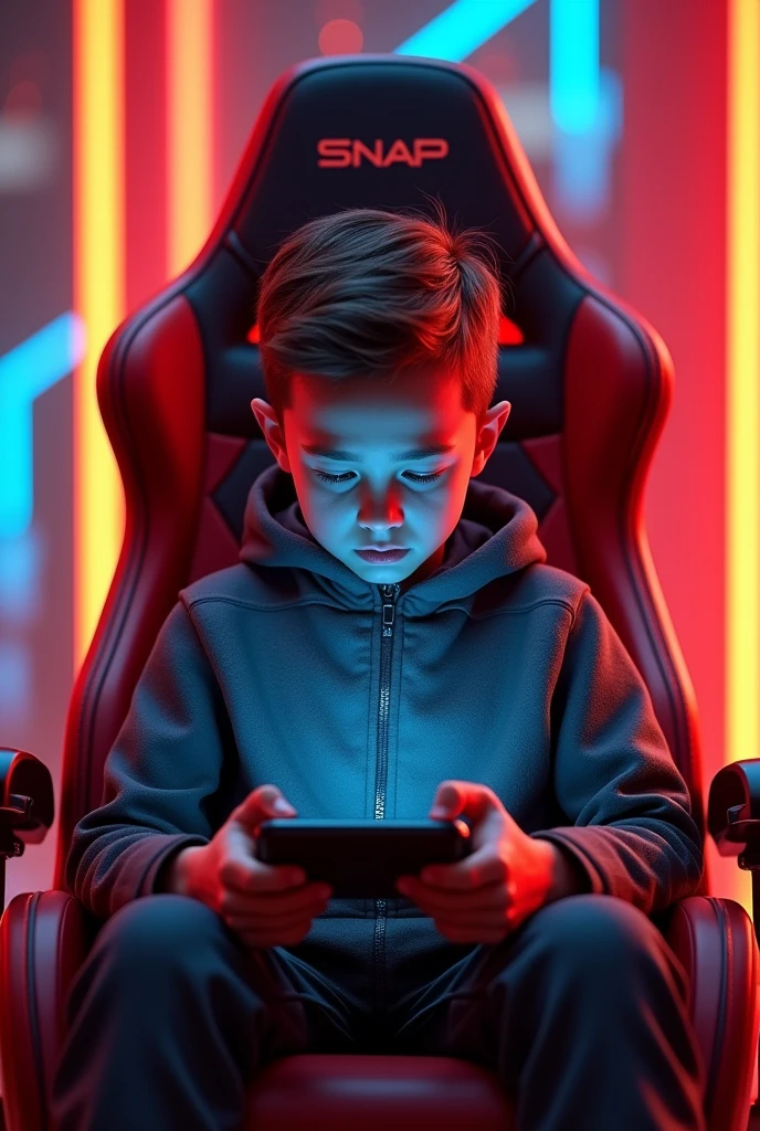 Make a photo for  profile like A  AI boy plays mobile game on Gaming chair with Red and Orange
'SnapGamingYT 'is will  be come  like a headline in unter the photo 

