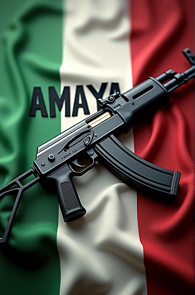 Oops, create an image with the Italian flag and an AK 47 with the name AMAYA and ammunition , I want a very realistic image Put the name Amaya in 3D, make a name as if it were written on the flag with paint