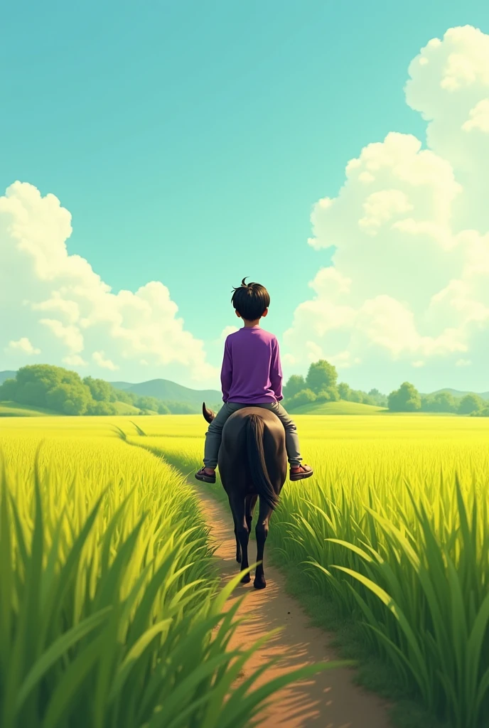 One sunny afternoon in a rice field, There is a boy with a black face, wearing a purple long-sleeved shirt, grey pants, riding a small black horse.