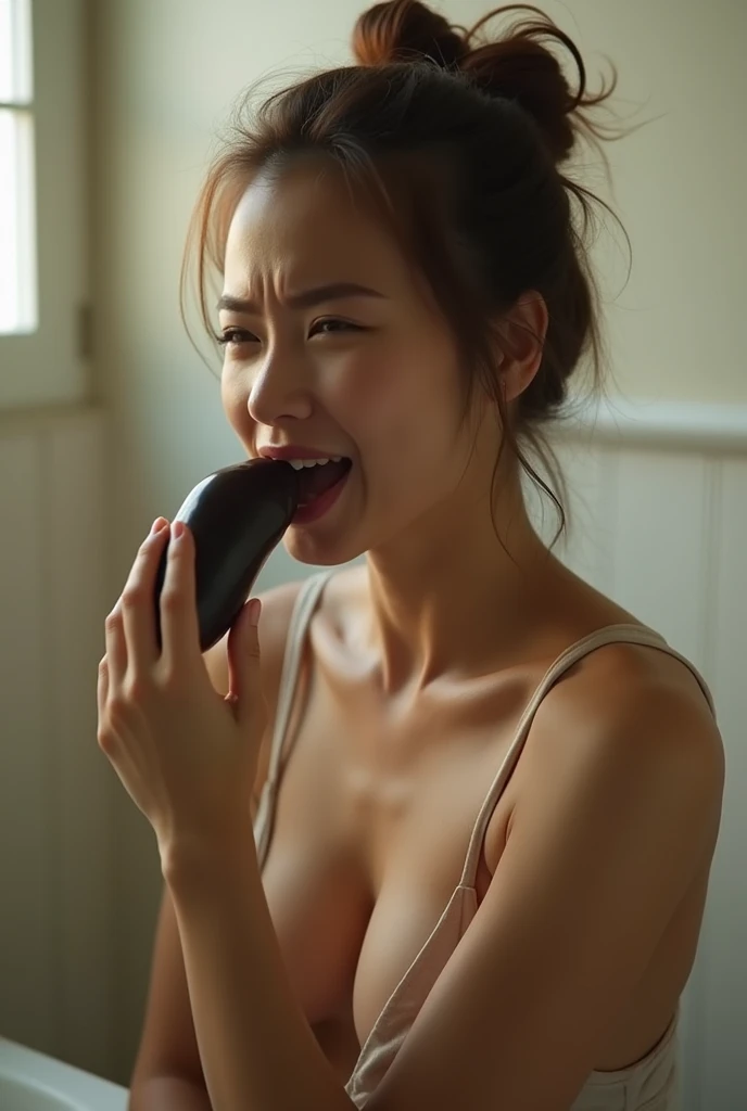 (8k)、Real、Thai women、Masturbating in the toilet、The nipples are hard and erect and in full view、She is beautiful and slender.。Hold a big eggplant in your mouth、It looks painful and distressed。