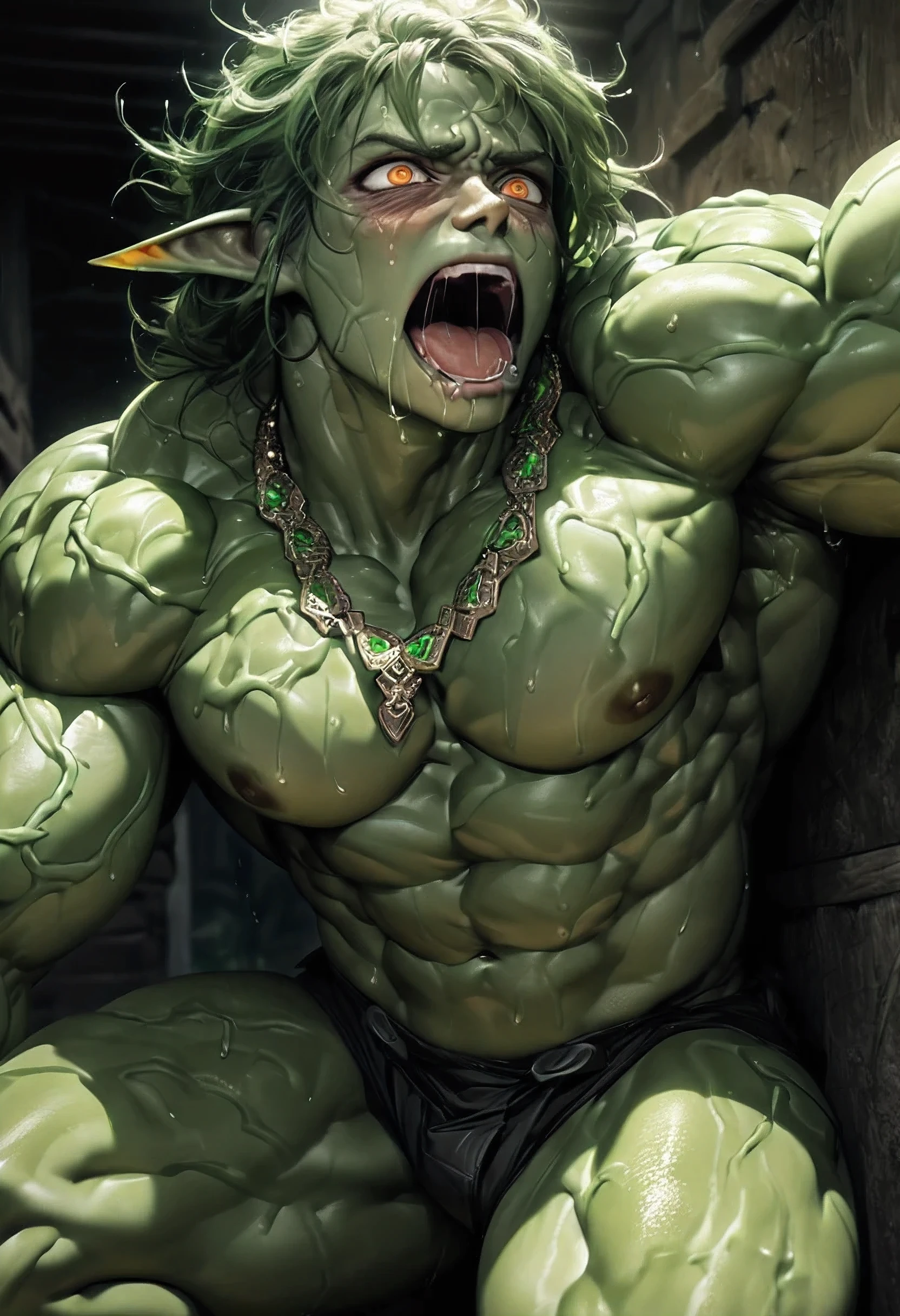 (((intricate design))) (((professional))) (((clear focus))) (((32k UHD Resolution))) (((photorealistic))) (((hyper-detail))) (((masterpiece))), ultra-realistic, expressive eyes, perfect face, mesmerising eyes, perfectly detailed anatomy, low contrast, a digital render (((Volumetric lighting))) (((natural lighting))) (((nighttime))) (((1Male))) (((Bodybuilder))), (((muscular))), (((hyper pecs))) there is a sexy mature man with green paint on his body, slick shaved sides hairstyle, ((thighs)) bodily fluids, round butt, green coloured skin, gay, green skin! (((green coloured skin!!))), (((green skin))). (((green-skinned))), (((wearing BDSM gear))) ((green skin with scales)), ((green skin)), windy, (((greenish skin))) plantation on the male body, fluorescent green skin, (((radiant orange eyes))), extremely windy, leaves falling (((a powerful nature deity))), elf ears, druid magic, green gem necklace, hot reptile muscular humanoid man, scales, muscular green body. Glowing veins, nature spirit, wrapped in a cocoon, wet, oily, sweaty (((inside dirty house)) (((terrified expression))) blushing, drooling, in a trance, mouth open, intense struggle, getting swallowed