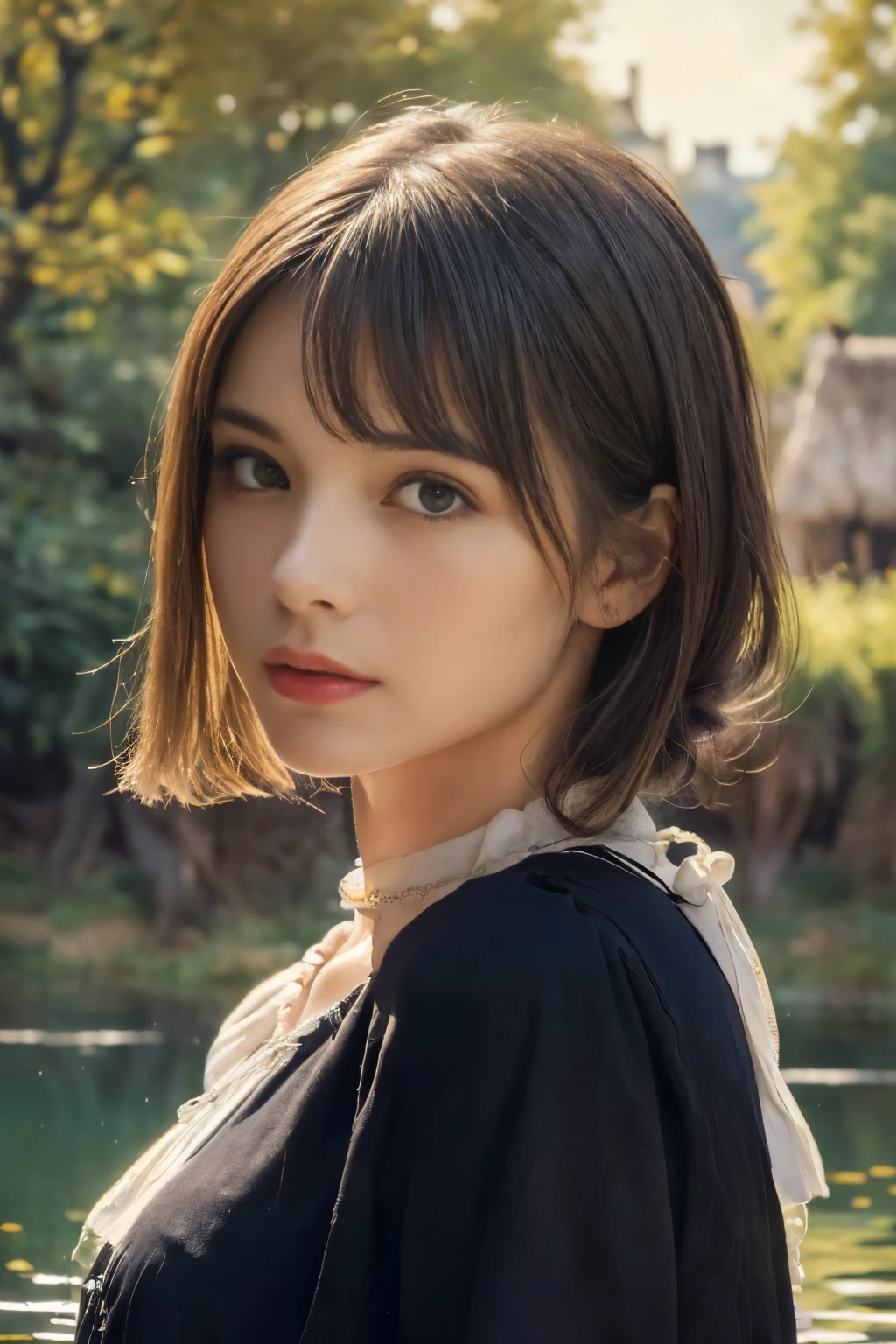 
((masterpiece:1.4, Highest quality)), (Realistic photos:1.4), (artwork), 
((1 person)), (Otherworldly beauty), (dream-like), ((1 person, Realistic photos)),
(超High resolution:1.2), Very delicate and beautiful, wonderful, Very detailed CG Unity 8k wall paper, Very detailed, High resolution, 
Soft Light, Beautiful details, Very detailed eyes and face, Beautiful and detailed nose, Beautiful and detailed, 
(１９Mid-century portrait of a French peasant girl:1.3), 
Cinema Lighting, Perfect ???????, Slender body, (Parted bangs),
(The world of Barbizon painting:1.5), (「Ville＝The pond of Davray」)