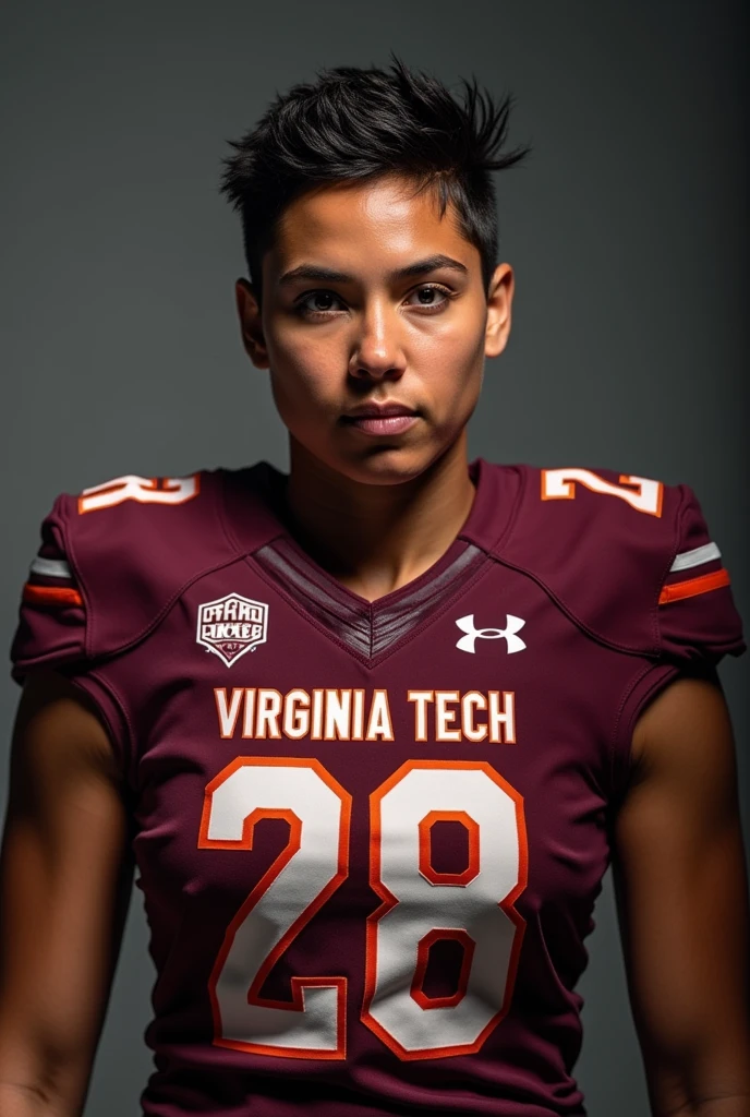 A photo of Jeanette Laurent, a cornerback for the female Virginia Tech Hokies football team. Number 28.