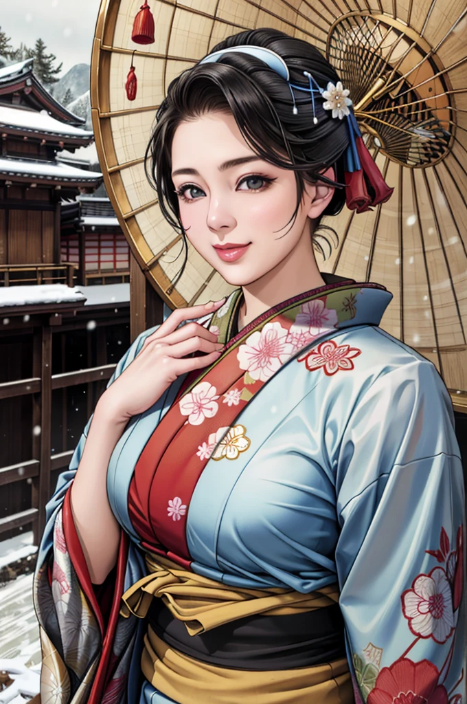 (Browsing Caution), (RAW Photos), (Realistic), (Photorealistic), Ultra-high resolution, masterpiece, Highest quality, Portraiture, facial Portraiture, Perfect lighting, Detailed lighting, Dramatic Shadows, Ray Tracing, Pure Eros Face_v1, Urzan-6500-v1.1, ((gentle smile)), ((upper body:1.2)), ((random sexy pose)), looking at viewer, ((wearing a kimono)), ((in old Japanese sinto)), ((background with snow:1.2)), ((blizzard:1.2)),