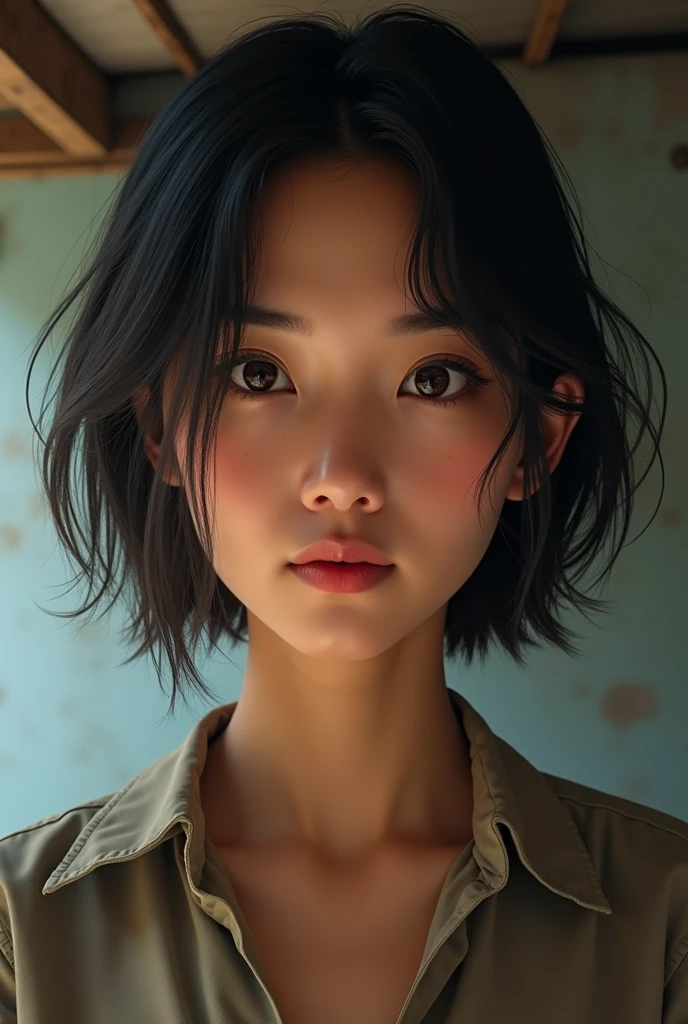 generate a short-haired Asian woman with limited resources and black skin