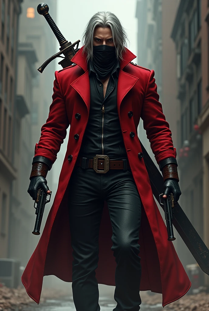 (photorealism:1.2), Create an anti-hero. that measures 1,87 cm, that is with a marked physique, that wears a red trench coat, a large sword on his back, Wearing black leather fingerless gloves, that on the sides of the legs, carry 2 revolver weapons. He wears a bandana and his hair is greyish white.. That the face is covered, that is to say, that the bandana covers half of your face, boca, pomulos, part of the nose.