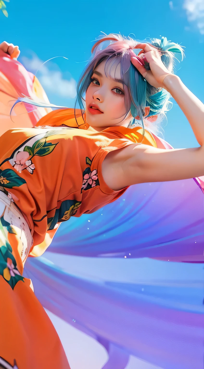 Light pink hair, pink eyes, pink and white, sakura leafs, vivid colors, white dress, paint splash, simple background, ray tracing, wavy hair