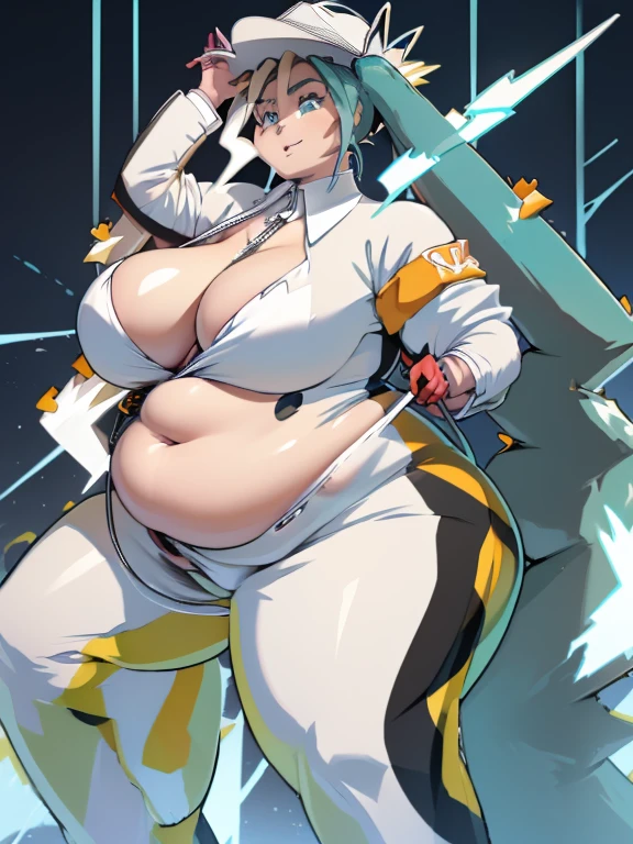 (best quality, anime,), ((ssbbw)), ((bbw)), ((huge breasts)), (hatsune miku), (solo), tight bodysuit, electricity aura, (long twin tale), (extremely fat legs), overhanging belly, cyberpunk background,