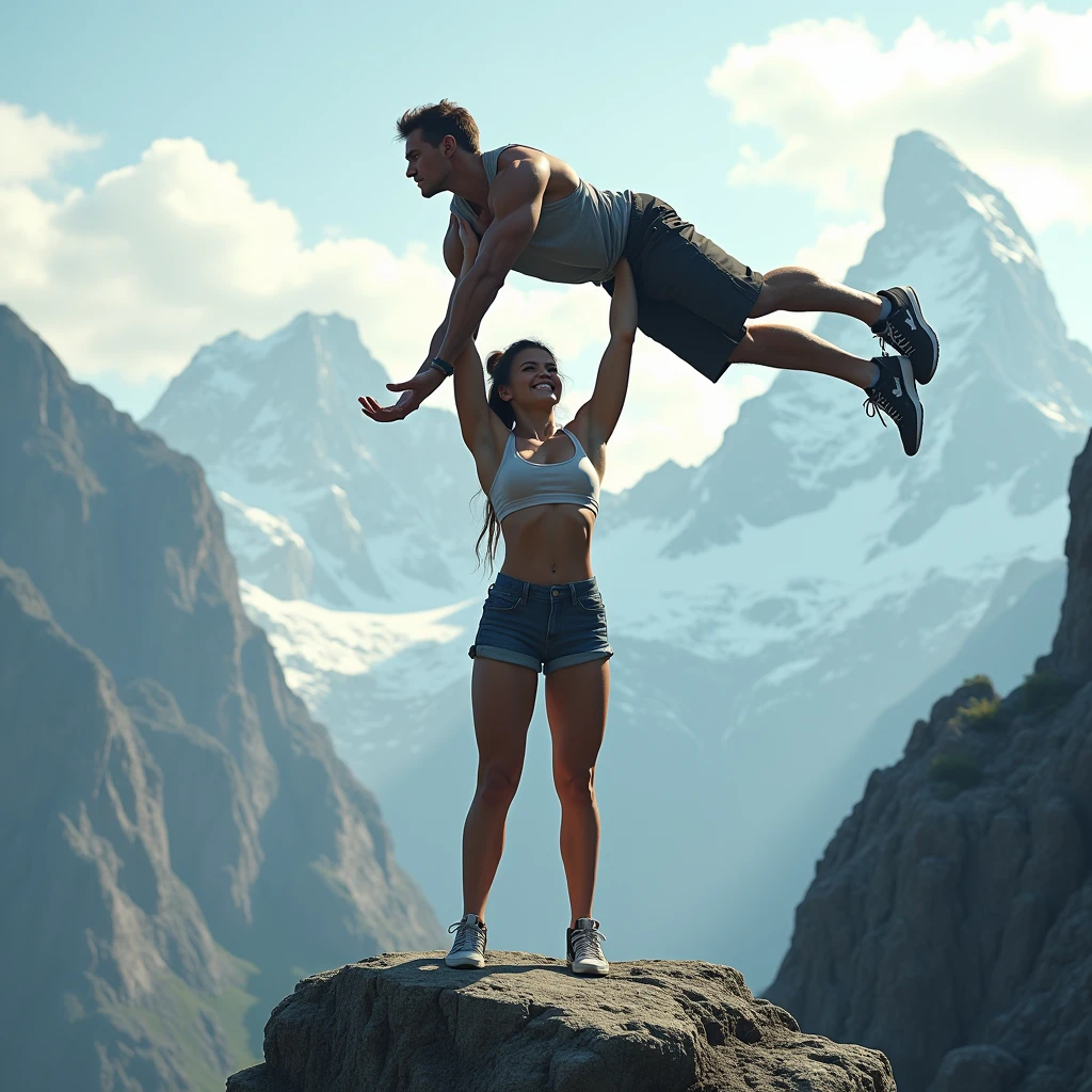 Beautiful teen Girl lifting a man high over her head with her muscular arms. She is standing on a cliff with tall Mountains in the background.