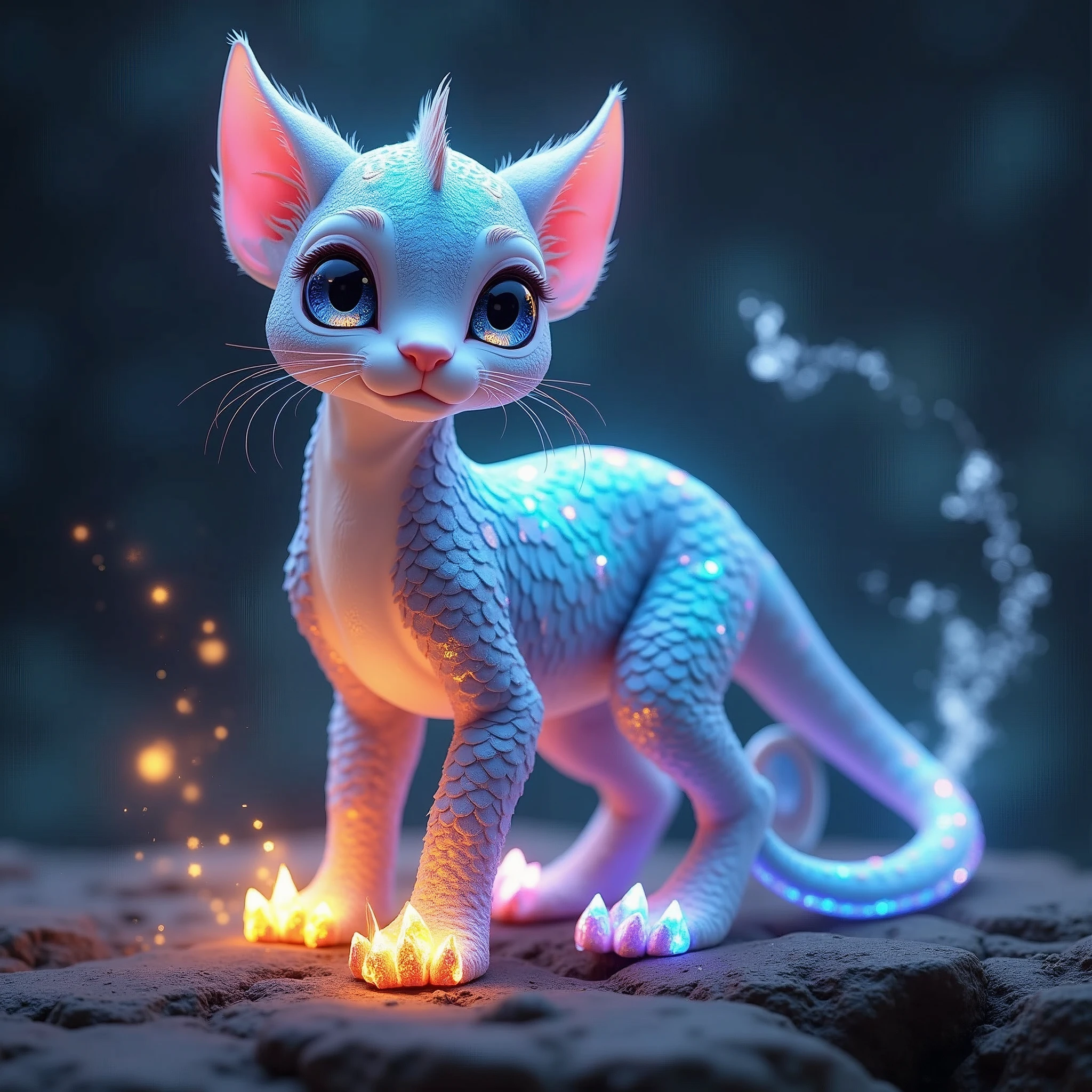 Image rendering in high resolution, with photorealistic quality and rich in detail. Start with the main body. Imagine a pet creature the size of a large dog, with a shape similar to a panther. The body is covered with soft scales, each with an iridescent glow, reflecting all the colors of the spectrum based on the incident light, giving it a mesmerizing appearance. The creature's head is elegant, with large almond-shaped eyes that twinkle like light reflected off a lake. His irises are a deep, captivating blue, radiating a soft light, indicating his elemental power. Add two thin, pointy ears, similar to those of a lynx, framing the creature's face. The creature's tail is long and sinuous, ending in a spiral similar to that of a chameleon, but larger and more robust. It is covered by the same shimmering scales as the body. On the feet, instead of ordinary claws, the creature has crystal-like structures, translucent and of various colors, which glow with an internal light. These "crystal claws" are indicative of his mastery over the elements. Elemental powers. Around your body, show a soft, rippling aura, as if it were composed of tiny particles of light. This aura can change color depending on the element the creature is currently manipulating – blue for water, red for fire, yellow for earth, and white for air. Capture these elements in action around her: a small swirl of fire dancing on her front paw, a ball of earth floating over the other, a breath of wind circling around her tail, and a drop of water floating near her head. Crystal cave setting. Finish the image with a final polish to ensure a vivid brightness and luminosity. The colors should be rich and intense, with high contrast to highlight the splendor of the creature. The scales should reflect light as small prisms, adding extra brightness.