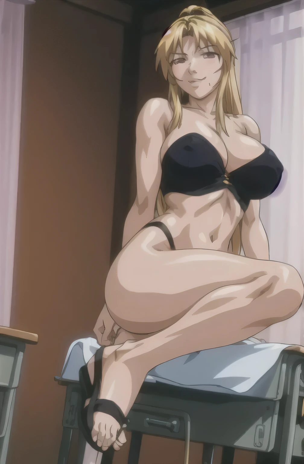 masterpiece, best quality, highres, 1girl kaori saeki, slave leia costume , classroom, full body shot, (smug:0.3), looking at viewer, focus solo, sexy pose, mature, flip flops, detailed feet, busty, cleavage, blonde, long hair, red eyes, dangling shoe, seducing, sandals, in bed, sexy legs, perfect feet, perfect eyes, sexy, seductive, dancing, bellydancer, horny, nasty, sultry, slutty, bitchy, kinky,