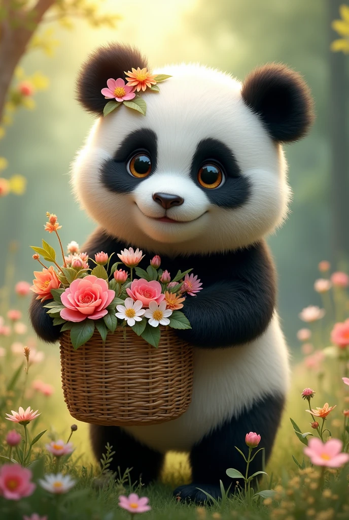 A female panda wearing flower and holding a basket 