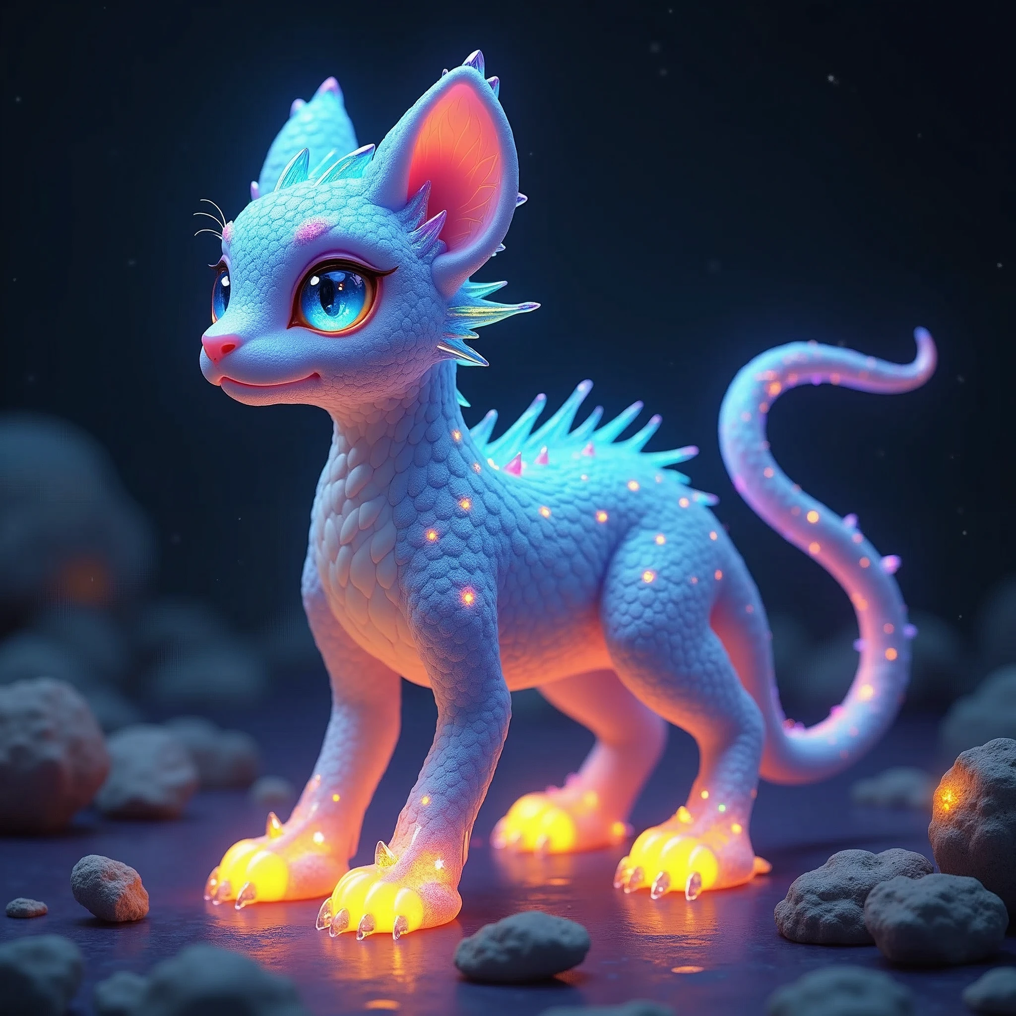 Image rendering in high resolution, with photorealistic quality and rich in detail. Start with the main body. Imagine a pet creature the size of a large dog, with a shape similar to a panther. The body is covered with soft scales, each with an iridescent glow, reflecting all the colors of the spectrum based on the incident light, giving it a mesmerizing appearance. The creature's head is elegant, with large almond-shaped eyes that twinkle like light reflected off a lake. His irises are a deep, captivating blue, radiating a soft light, indicating his elemental power. Add two thin, pointy ears, similar to those of a lynx, framing the creature's face. The creature's tail is long and sinuous, ending in a spiral similar to that of a chameleon, but larger and more robust. It is covered by the same shimmering scales as the body. On the feet, instead of ordinary claws, the creature has crystal-like structures, translucent and of various colors, which glow with an internal light. These "crystal claws" are indicative of his mastery over the elements. Elemental powers. Around your body, show a soft, rippling aura, as if it were composed of tiny particles of light. This aura can change color depending on the element the creature is currently manipulating – blue for water, red for fire, yellow for earth, and white for air. Capture these elements in action around her: a small swirl of fire dancing on her front paw, a ball of earth floating over the other, a breath of wind circling around her tail, and a drop of water floating near her head. Crystal cave setting. Finish the image with a final polish to ensure a vivid brightness and luminosity. The colors should be rich and intense, with high contrast to highlight the splendor of the creature. The scales should reflect light as small prisms, adding extra brightness.