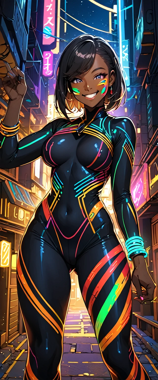 Japanimation style, High resolution, 4K, High Definition, high resolution, Perfect picture,Full Body, Cyberpunk Background, night, A mysterious city alleyway lit by neon lights, Two moons, 1 girl, The whole body is covered in tight tights, Modest breasts, Waistline, Big Hips, Long legs, Wearing a futuristic vest, A tight-fitting bodysuit with glowing lines, Very Short Hair, Side-swept bangs, Long hair braided on the right side only, ((dark skin)), bodysuit, Bangles on thighs, Triumphant smile, Line paint on cheeks,