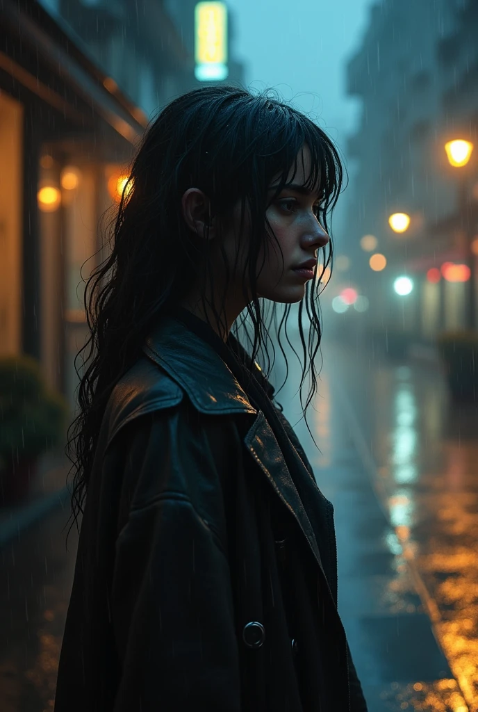 Make an image of a rainy night with a woman having wet clothes