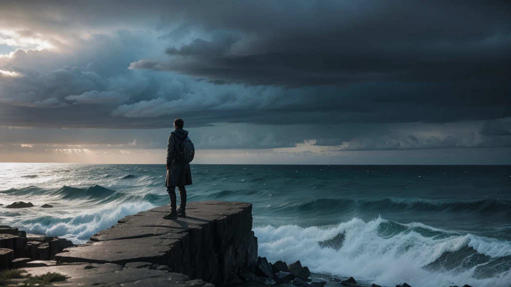Cinematic, portrait of a person standing on a stormy cliff edge, calm and focused, stormy skies overhead, strong winds, waves crashing below, dark and moody atmosphere, determination in their eyes, overcast lighting,