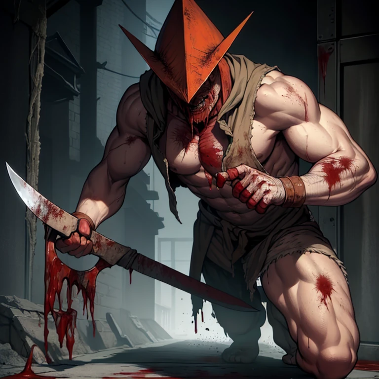 Pyramid Head, Silent Hill, horror, shirtless, muscles, blood and rust, vests made of human skin. He holds a large, rusty butcher knife in his hand and drags it across the floor. monster. Sexual.
