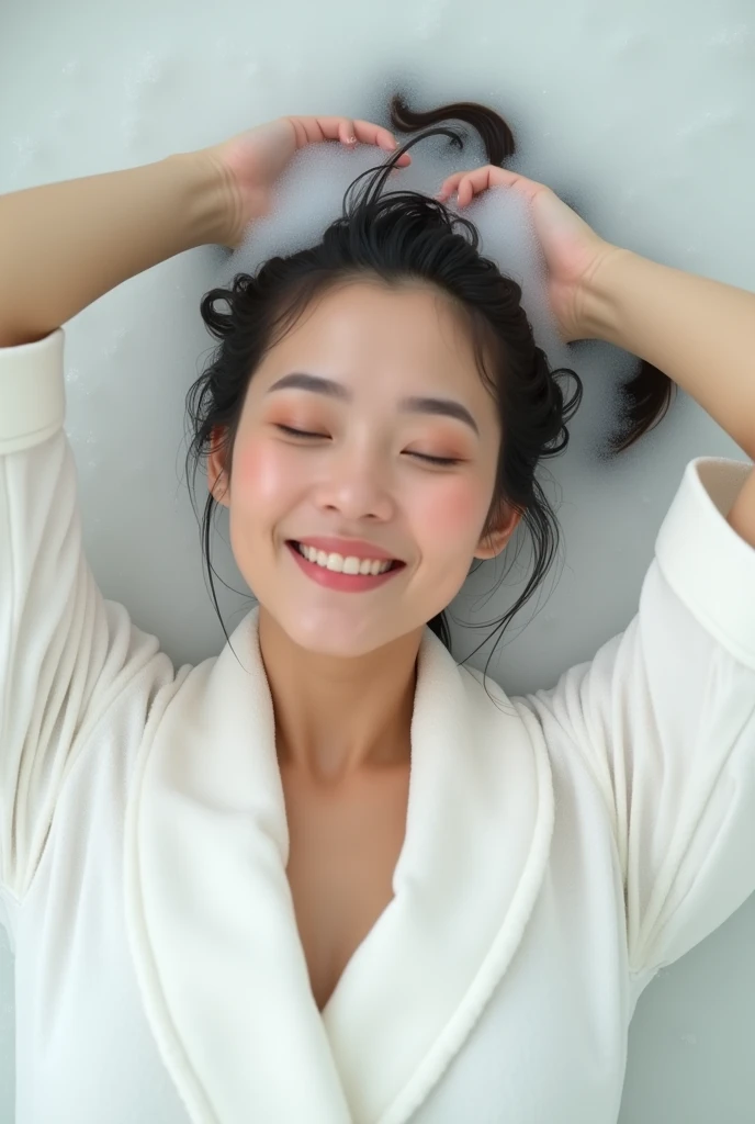Create an Asian middle-aged beauty，Cute huge  and big ass，White high collar thin ice silk bathrobe，Scratching the scalp with both hands，Two hands washing hair on top of head，There is a lot of foam on the head，Foam wrap head，Realistic foam，The expression is happy，Upper Body，The characters are realistic and realistic，Pure white background，Character front position，9:16 frames，Ultra-high-definition picture quality
