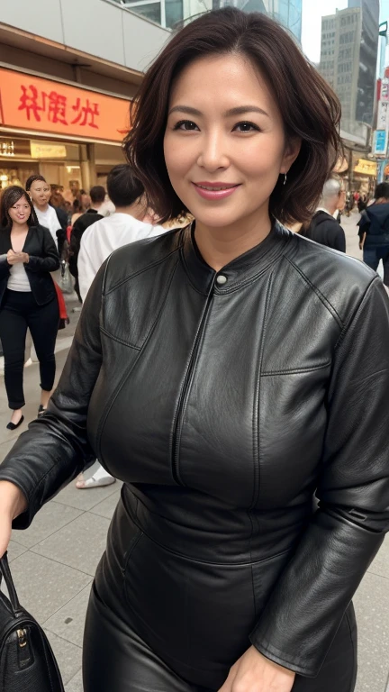 最high quality, 8k, Vibrant, Sharp focus, high quality, High resolution, Middle-aged women, Mature Woman, 40 years old, (Whole Body Ezbian), (High heels face detail, Highly detailed eyes, Plump figure、Plump face、((big 1.6))、(((Large Breasts)))、((Black leather clothing))、Random Hairstyles、A kind smile、(Busy Street)、Glamorous city、((Leather Fashion))、