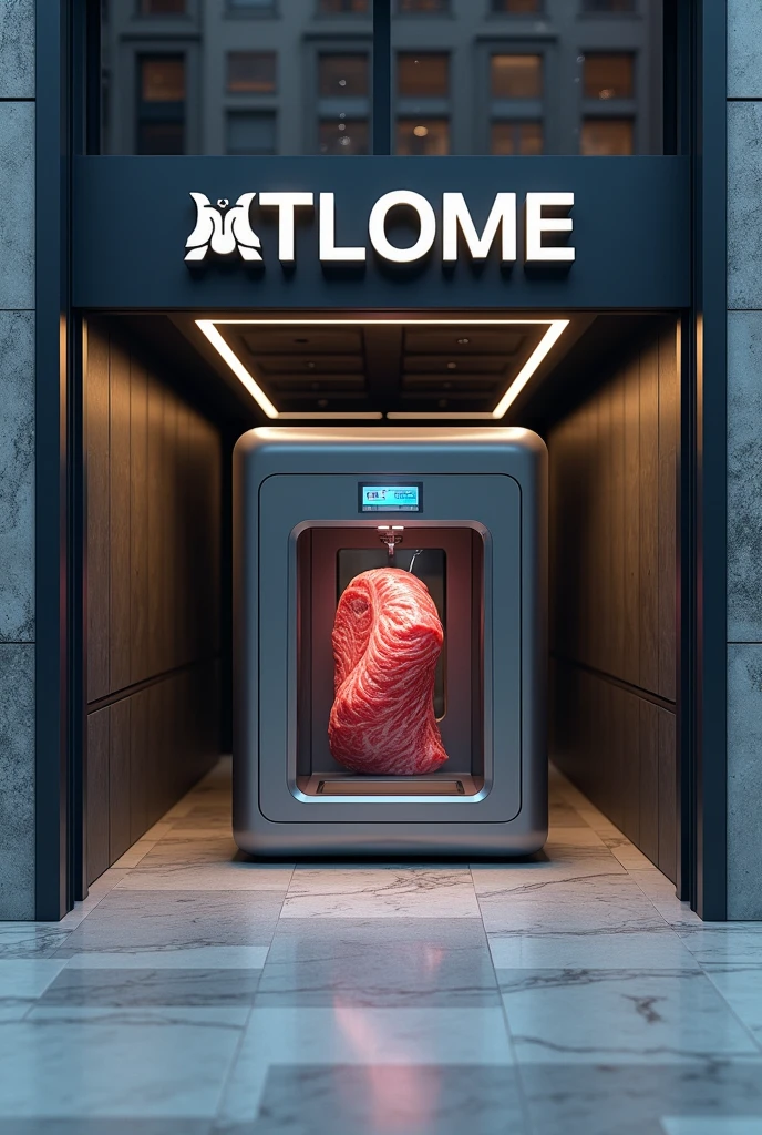 A photo of a company at its entrance with logos showing the product that printed meat on a 3D printer