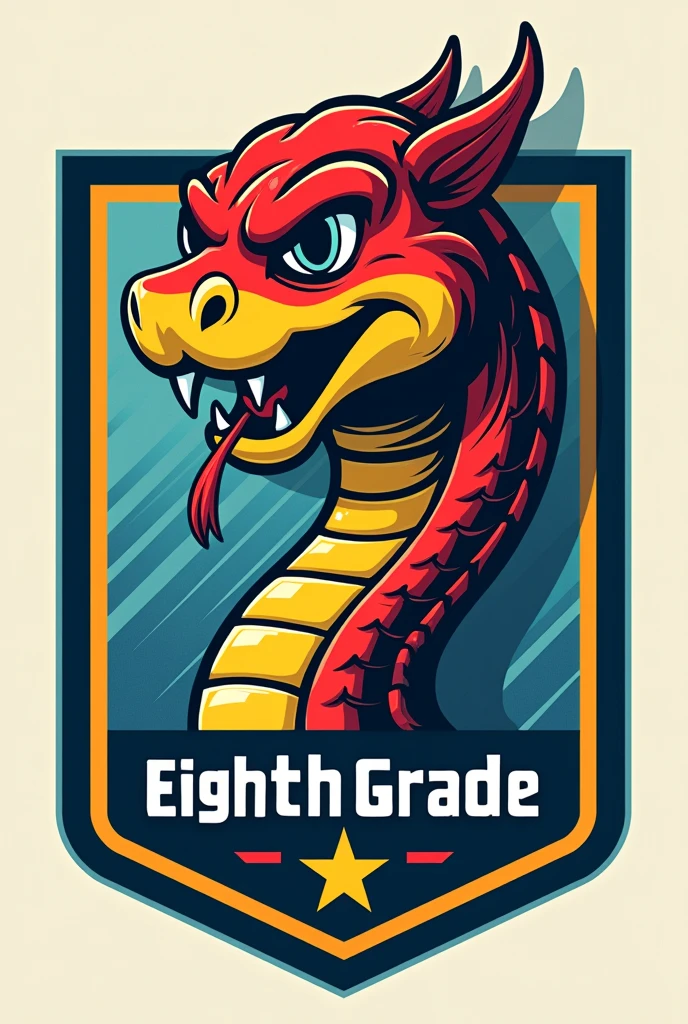 Create a soccer team shield with the name eighth grade and interclass underneath with a snake as a cartoon mascot translated into Portuguese 