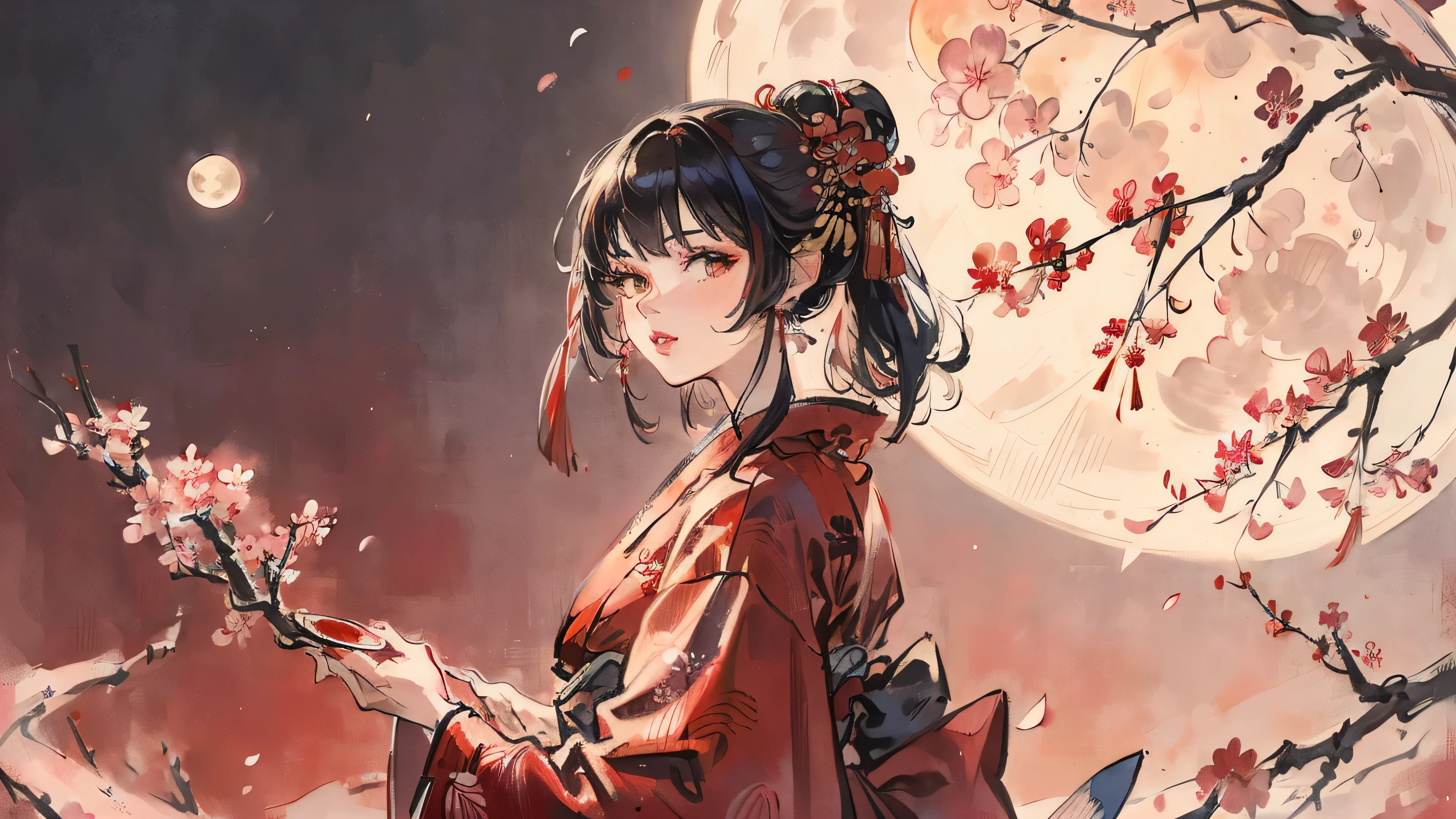 (((beautiful girl))), (((red cheek))),(((Pixie Cut))) ,(((shoot from below))),(((from side))),(((Gazing Skyward))),(((night))),(Lips are red:1.5), (((Cherry tree))),(((Cherry tree in full bloom))),(((Watching the cherry blossoms))), (((Watching the cherry blossoms))),(((Watching the cherry blossoms))), (((Watching the cherry blossoms))), (((Watching the cherry blossoms))),(((Watching the cherry blossoms))),20-year-old, Watercolor, masterpiece, Highest quality, Very delicate and beautiful girl,Very delicate and beautiful, world masterpiece theater, Super detailed, Very detailedな, Highest quality,(((fancy red kimono)))。(((fancy red kimono)))。(((fancy red kimono)))。(((fancy red kimono)))。(((fancy red kimono)))。(((fancy red kimono)))。(((fancy red kimono)))。(((fancy red kimono)))。 (((Black Hair))), (((Black Hair))), (((Black Hair))), (((Upper Body))), (((Upper Body))), (((Upper Body))), (((Upper Body))), (((Upper Body))), (((Upper Body))), High resolution, Very detailed,5 , Highest quality, figure, masterpiece, Highest quality, Accuracy, A woman in her twenties from the late Edo period.。(((fancy red kimono)))。 。In the style of old Japanese paintings with low saturation、The women look like modern anime characters..、She has a bit of Kabuki makeup on..。Strong 2D feel。night。background, (((Huge full moon))),(((Huge full moon))),(((Huge full moon))),(((Huge full moon)))