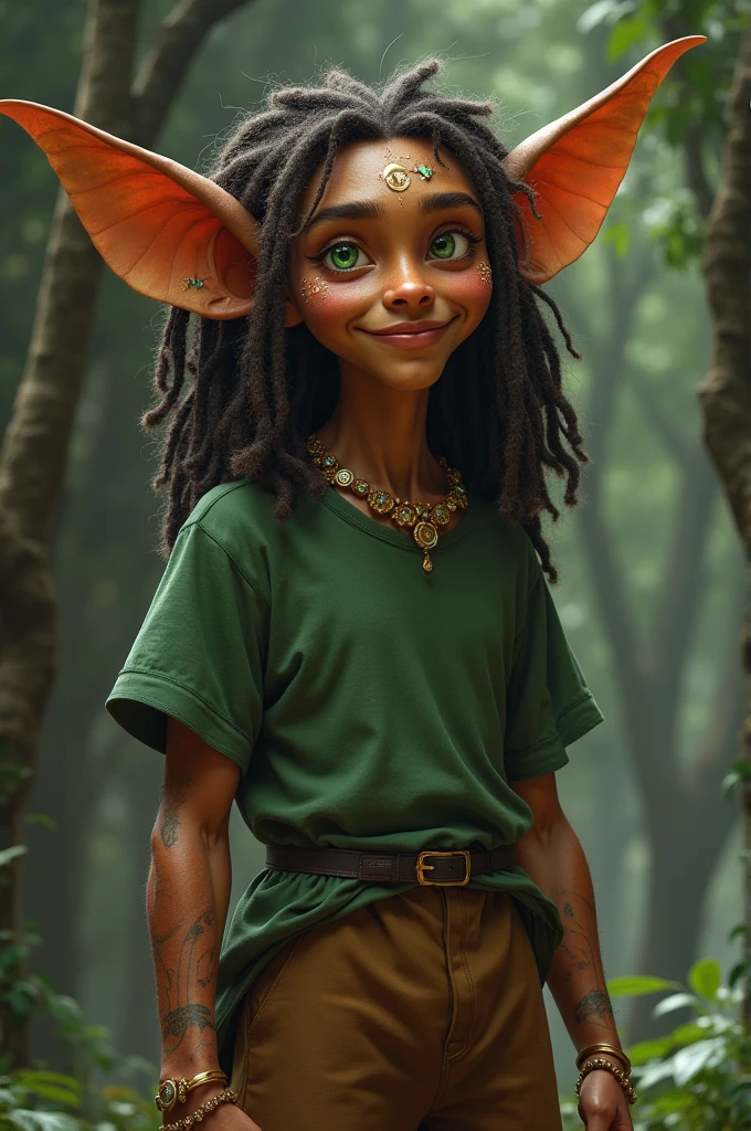 Male alf
brown skin
Glowing green eyes
Dark brown dreadlocks
Short pointed ears with many jewels
smooth skin
A bit pointed face
Slim and
brown wide pants
A simple green shirt
6.9 fut tall
heppy
fantasy dnd lord of the rings