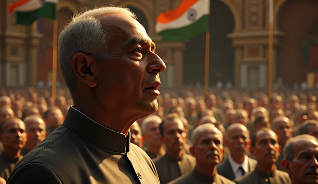 **"Tryst with Destiny" Speech**: A dramatic scene of Nehru delivering his iconic "Tryst with Destiny" speech, with close-ups of his passionate expression and the audience’s captivated response..in Dall e-3 style 