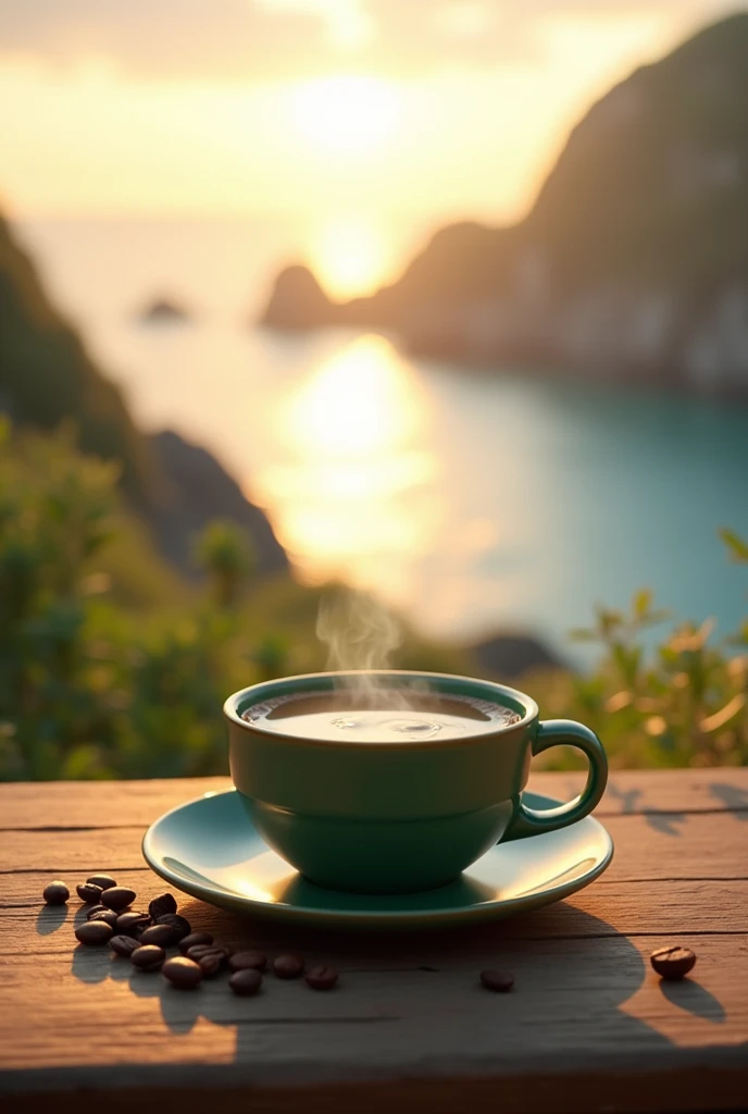 Coffee green colour cup on wood table sunrise sea coffee beans on plate