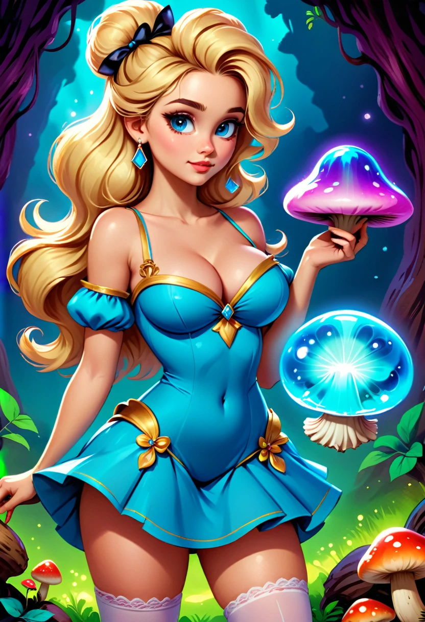 a beautiful 20 year old blonde Bella Rome with big messy hair in a blue dress, white stockings, black headband, cleavage, holding a glowing mushroom, fantasy art style, rossdraws cartoon vibrant, cute detailed digital art, colorfull digital fantasy art, digital fantasy art ), glossy digital painting, rossdraws pastel vibrant, rossdraws 2. 5, rossdraws 1. 0