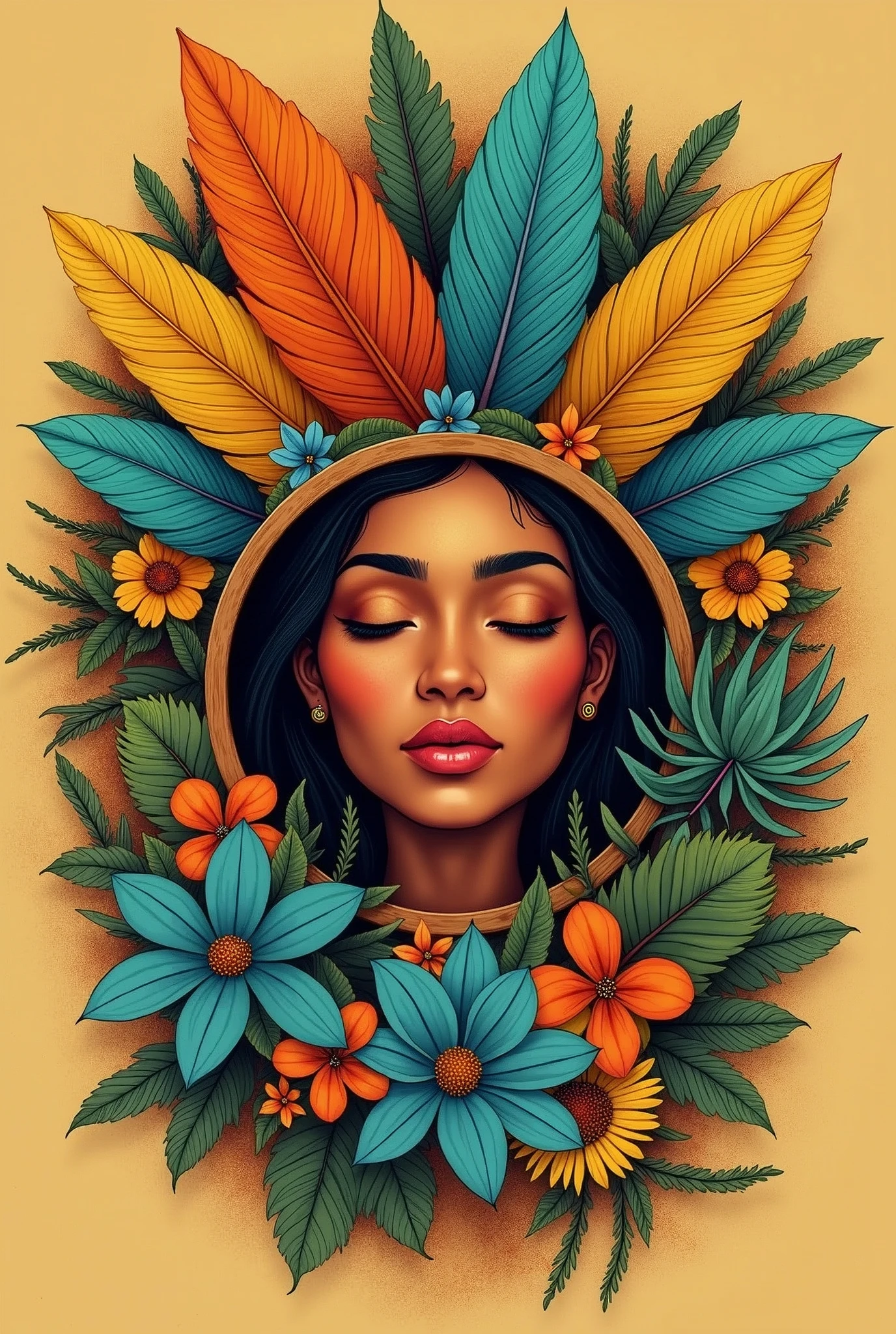 Illustration of the face of a Colombian indigenous woman with cinnamon-colored skin, closed eyes, touched with orange, yellow, Aquamarine and ochre colored feathers, surrounded by flowers, Succulents and creepers in a wooden circle on a sandy yellow background