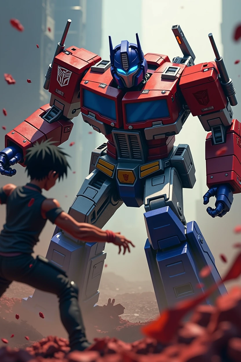 Optimus Prime and Kirito, Kirito death Kirito hurt Kirito blood gore, highly detailed, cinematic shot, dramatic lighting, epic battle scene, mechanical robot, anime character, digital art, 8k, hyper-realistic, vibrant colors, chiaroscuro, volumetric lighting, photorealistic