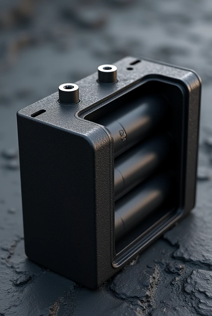 (Photorealism:1.2), power battery com camadas de carvão ativado deve ser retratada como escura e porosa, 2 electrodes to capture current inside the battery,  The battery must be in an open case to reveal the internal structure and allow moisture absorption., (power battery)