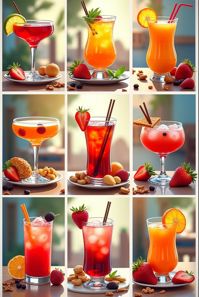 Collage of 9 drawings. Each picture shows a cocktail with a straw in a beautiful glass.. 
With various snacks nearby , with nuts, raisins, Strawberries.. 
Sprinkled chocolate Brand Lux. Restaurant bright light. summer joy