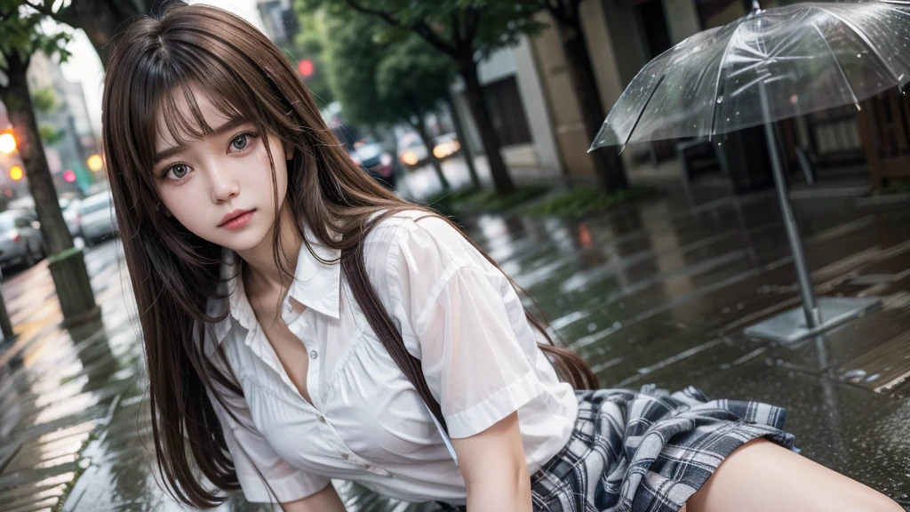 Rainy street trees, detailed eyes, beautiful image, one beautiful woman, long hair, brown hair, bangs, short checked skirt, white blouse,