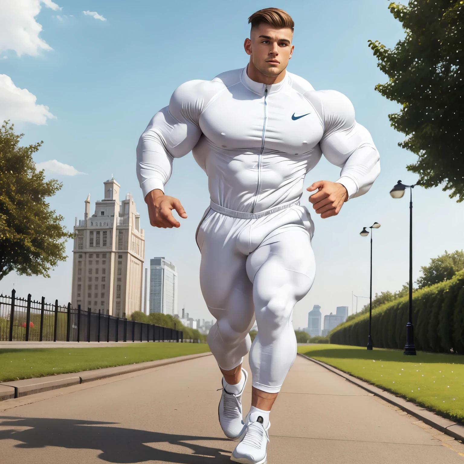 full view full body, Massive young white over-muscular over-inflated and over-bloated bodybuilder male Toby Richards with light-brown undercut haircut, running alone in Regent Park, London, in white Nike air max trainers and white socks, white lycra short jumpsuit