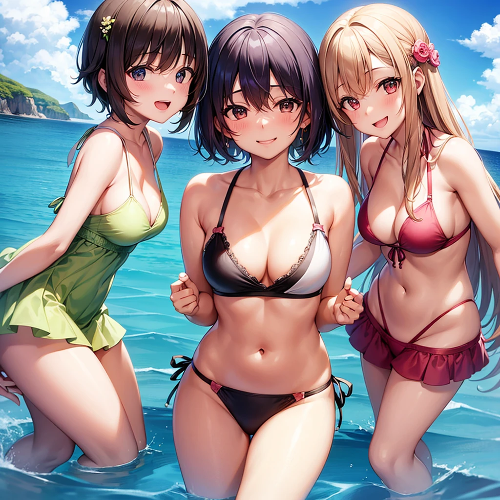 Three Girls with medium breasts blushing and smiling at viewer wearing bikini
