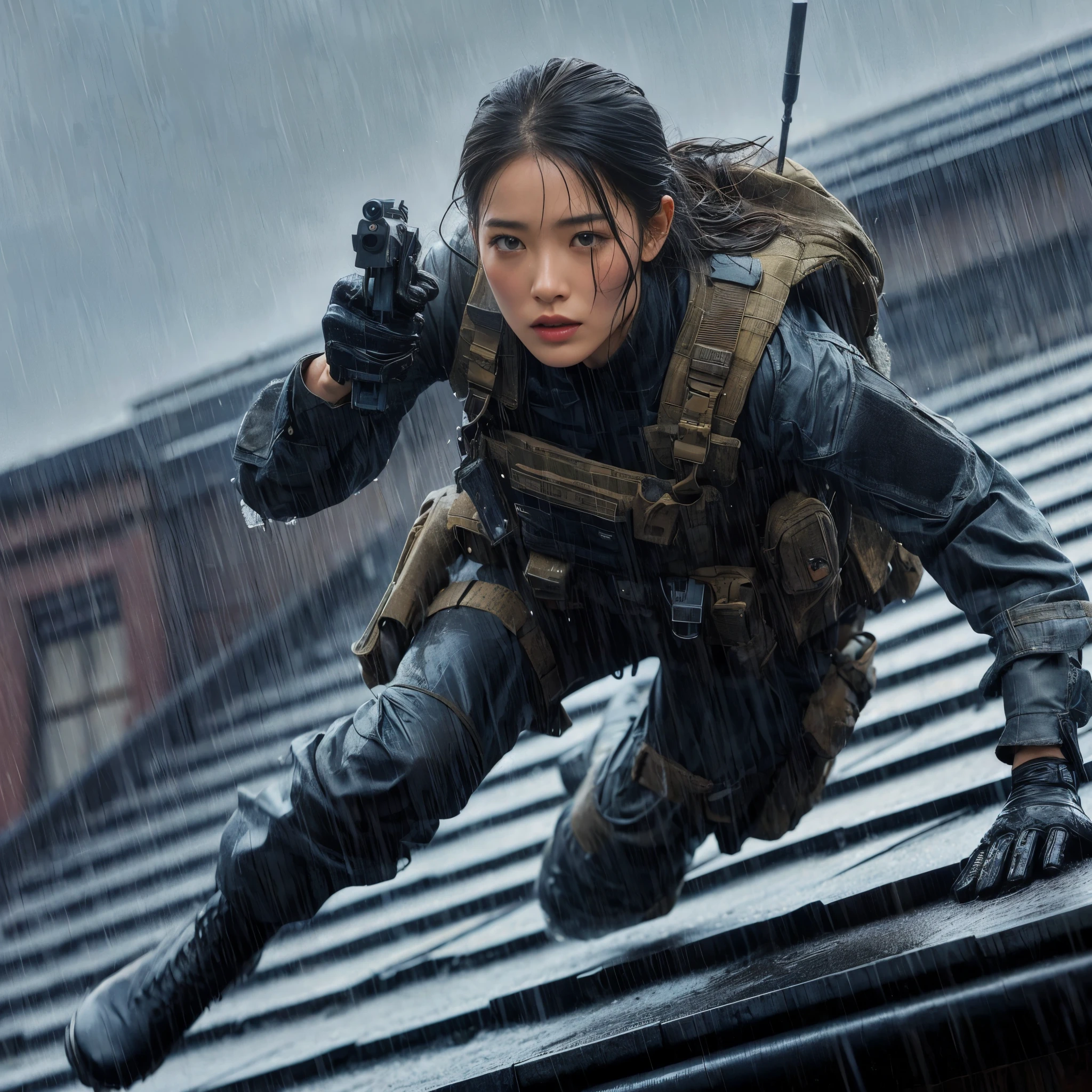 8k,Realistic Photo、Realistic Skin Texture、Superrealism、Japanese women in the U.S. military、Tattoo、Beauty、American cityscape、Jump from the roof of an old building to the roof of the next building、Automatic rifle、Heavy equipment、after the rain、Covered in scars、It is dirty、muscle、The background is out of focus、While avoiding gunfire、Desperate look、Dramatic composition、action、Fierce Battle、Ace