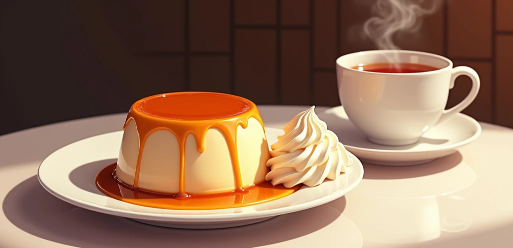 Pudding served at a chic restaurant。
There is a plate on the right side of the table.、There is a cold pudding dripping with caramel on the plate.。Next to the pudding is a dollop of fluffy whipped cream.。
Don't add mint。
There is a cup of tea in the back that is not steaming.。