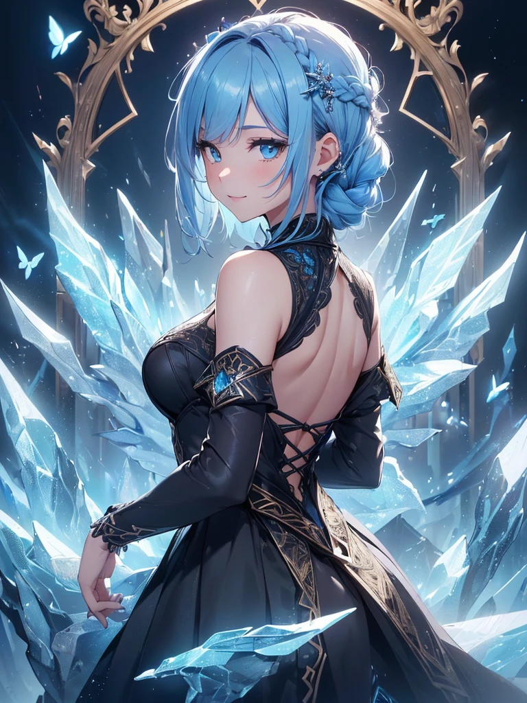 (((best quality, sharp image, clear image, cinematic lighting, 8k resolution, masterpiece, ultra detailed, intricate))) Girl, (((looking over shoulder))),shot from behind, sorcerer, cute, ice blue hair, intricate dress, black dress, braided hair, ribbons in hair, smiling, Ice blue, ((intricate background)), (rune frame), dimension, (ice butterflies), ice roses.