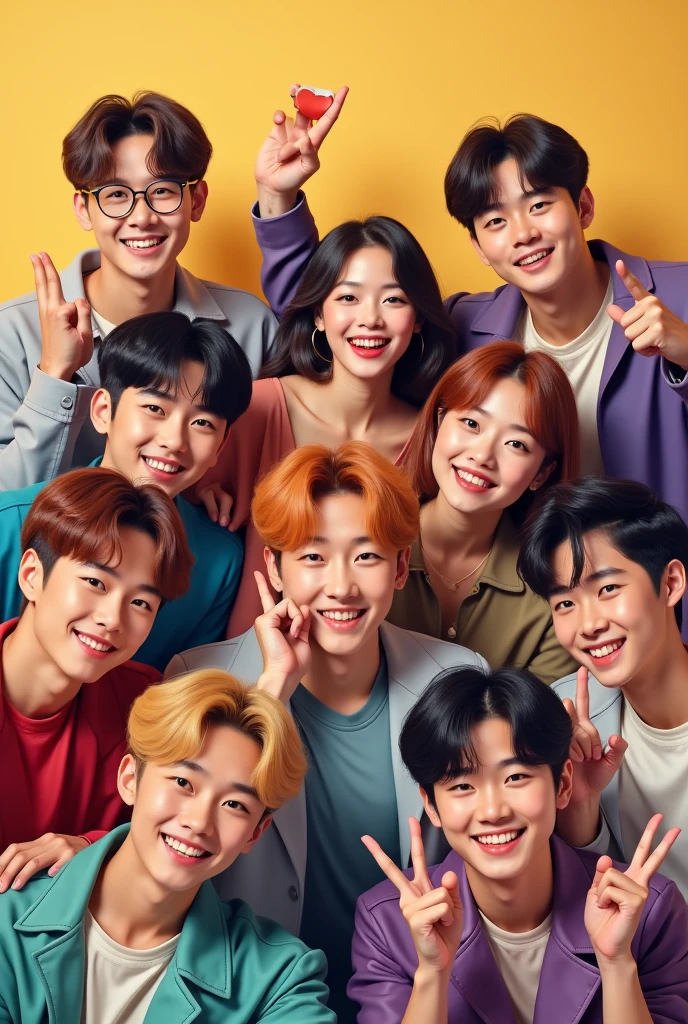 1 woman, 7 men, kpop artists, smiling, looking at front, everyone's face seen clearly like real people
